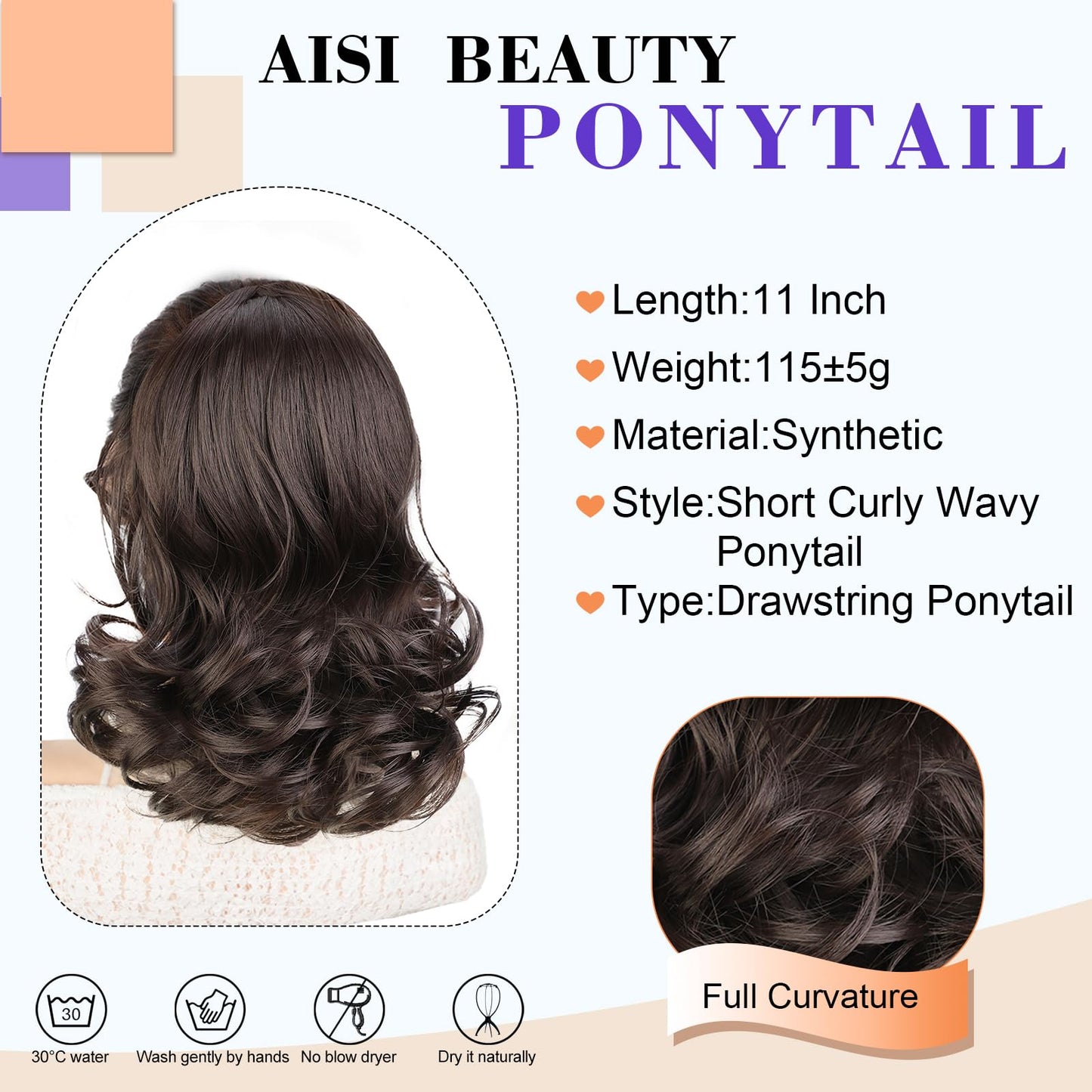 AISI BEAUTY Ponytail Extension Short Curly Wavy Drawstring Ponytail for Women Synthetic Pony Tail Hair Extensions（11 Inches,Dark Tend Balck Brown）