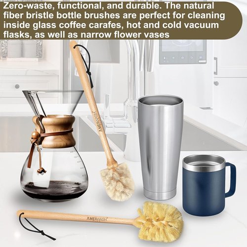 Natural Bristle Bottle Brushes by [Brand Name] - 13.75-Inch Long Wood Handle for Easy Cleaning of Jars, Glasses & Vases | 2-Pack