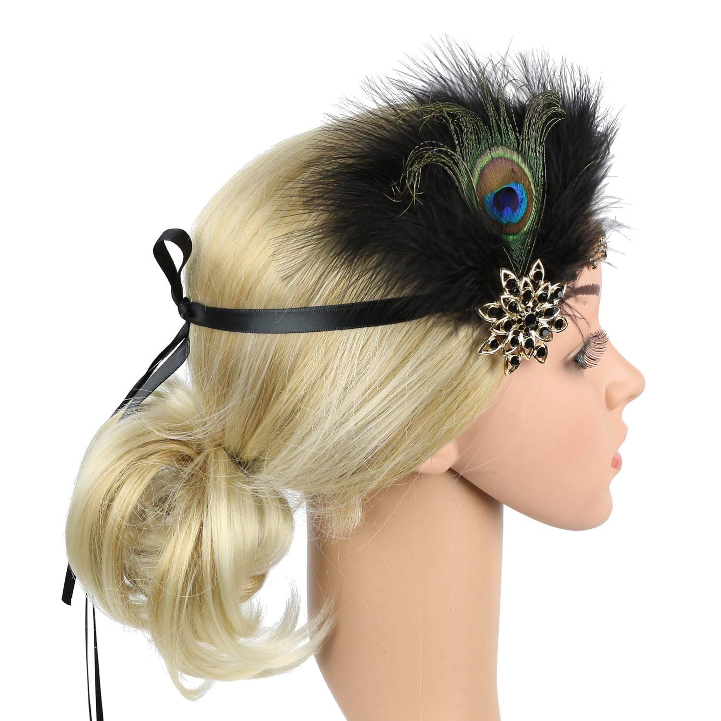 Countonme Art Deco 1920s Accessories Flapper Headband 20s Feather Headpiece Gatsby Costume Peacock Hair Accessories Black