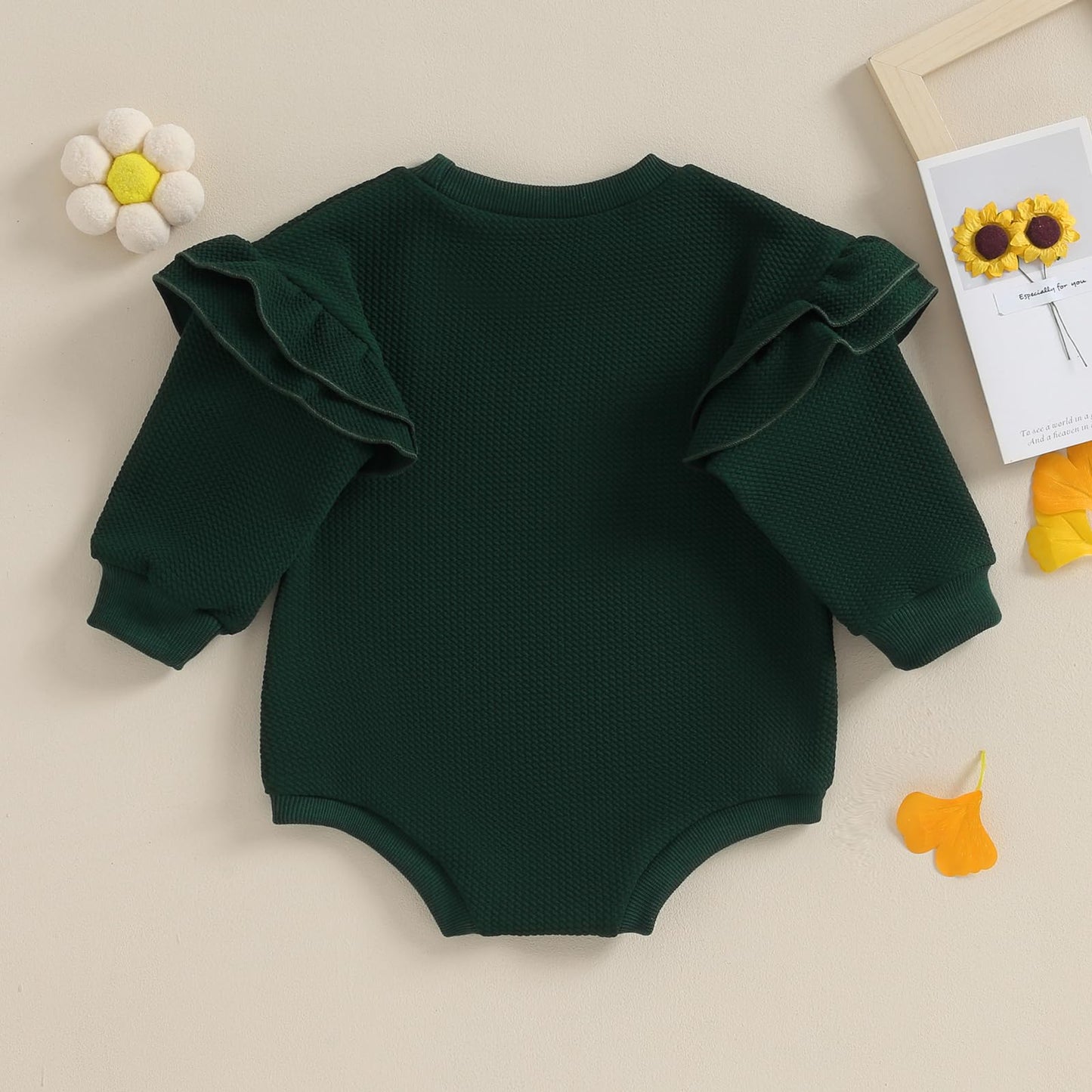 DOSYZTO Newborn Baby Girl Solid Romper Sweatshirt Ruffle Long Sleeve Bodysuit Outfit Infant Fall Clothing (Ruffled Sleeve Dark Green,12-18 Months)