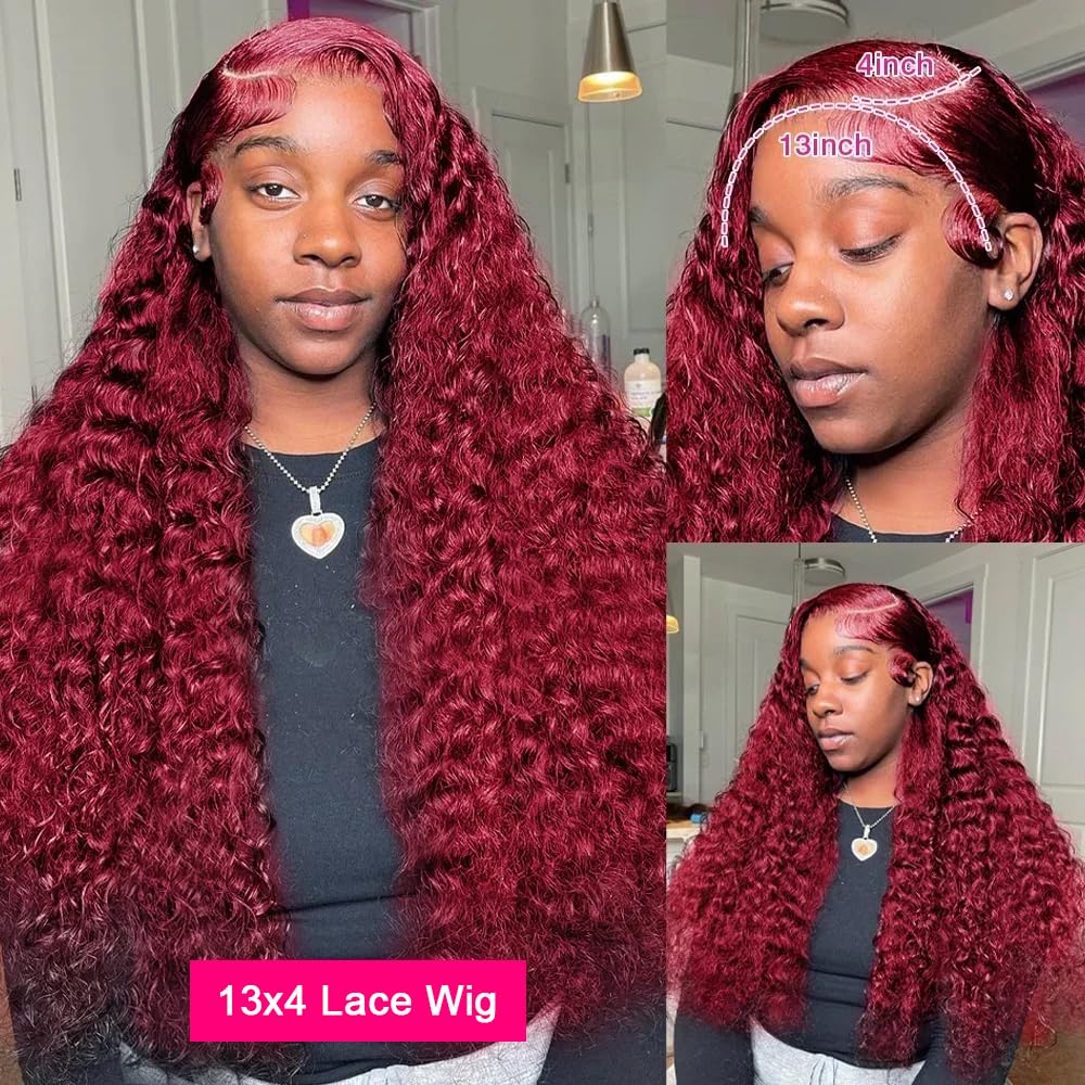 Skiennix 24-Inch 99J Burgundy Deep Wave Wig - HD Transparent Lace Front, 180 Density, Pre-Plucked
