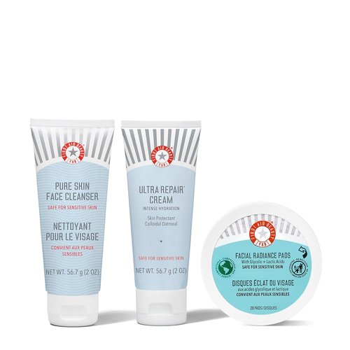 First Aid Beauty - Ultimate Hydration & Cleansing Set | Pure Skin Cleanser, Ultra Repair Cream & Radiance Pads (2 oz, 28 Pads)