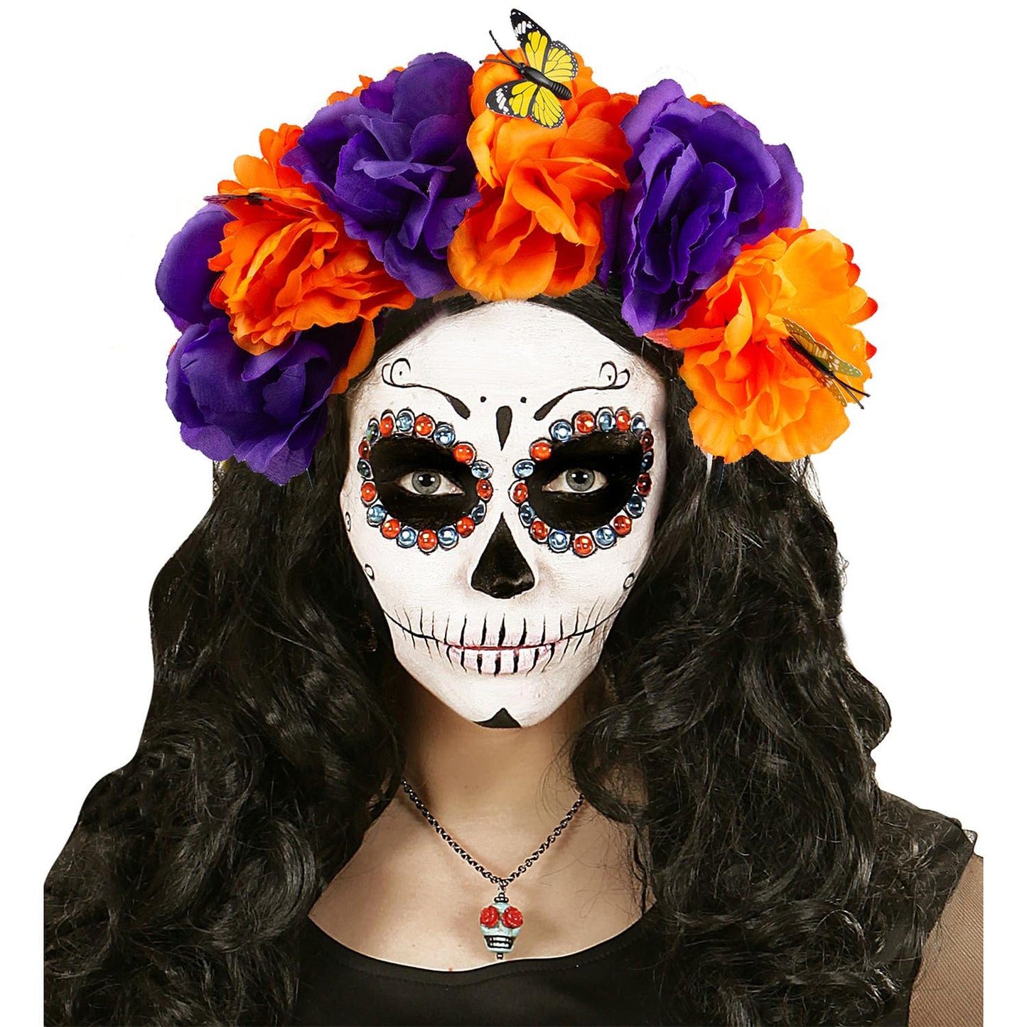 Mexican Flower Crown Headband with Butterfly, Day of the Dead Headpiece, Halloween Easter Festival Headwear, Dia De Los Muertos Hairhoop