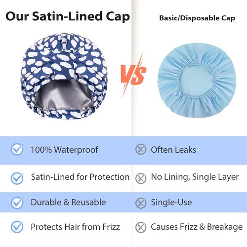 INNELO Luxury Shower Cap - Reusable Waterproof Double-Layered Design | Adjustable Satin Cap for Long Hair - Blue