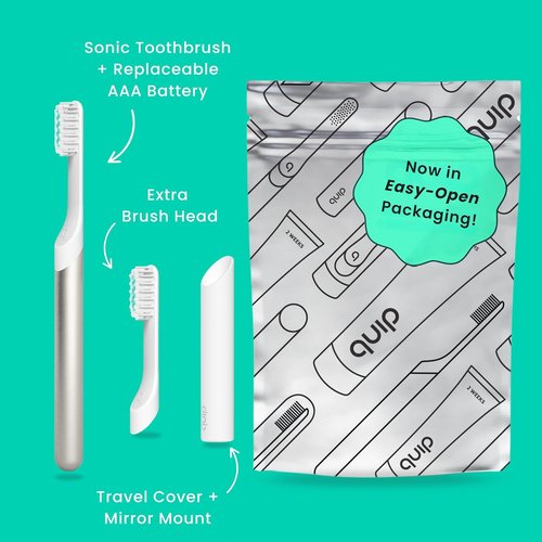 Quip Metal Sonic Electric Toothbrush - Soft Bristles, Travel Case & Replacement Head | 3-Month Battery Life, Moonlight Champagne
