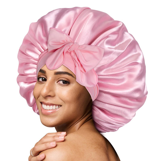 BONNET QUEEN Large Satin Bonnet Silk Bonnet for Sleeping Women Hair Bonnet Big Bonnet Night Sleep Cap Scarf Wrap for Curly Hair with Tie Band Pink