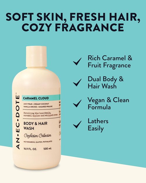 Anecdote Caramel Cloud Body and Hair Wash – Sweet Gourmand Scent with Juicy Pear, Coconut, Vanilla Orchid & Praline – Moisturizing Shower Gel, Hydrating 2-in-1 Cleanser for Daily Use, 16.9 Fl Oz