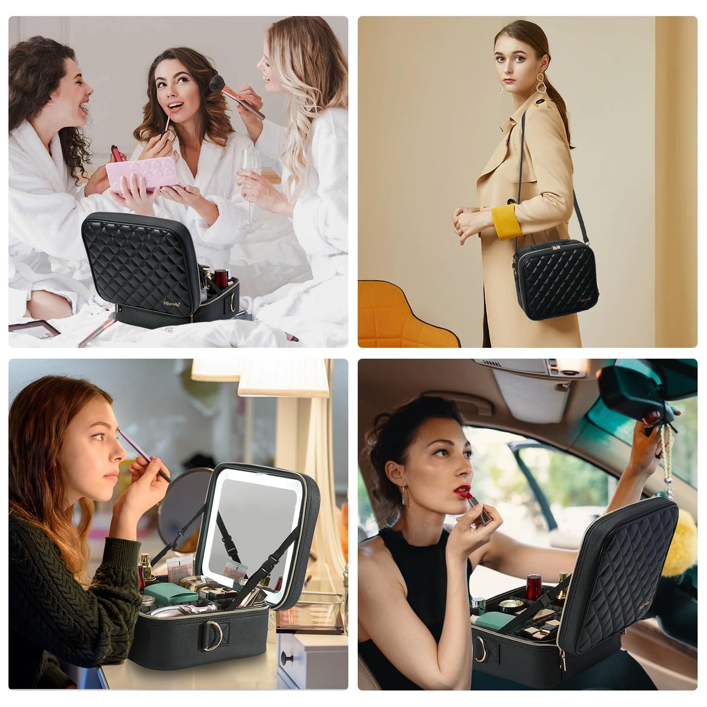 Mocado Travel Makeup Bag with LED Lighted Mirror,Travel Makeup Organizer, Makeup Case with 8 Makeup Brushes and 10x Magnifying Mirror, 3 Color Lighting, Adjustable Divider Makeup Box(Black Lozenge)