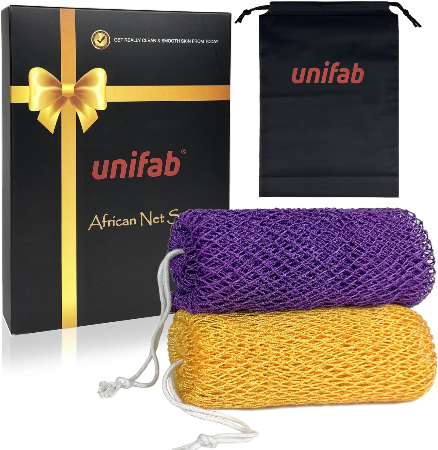 Unifab Authentic African Net Sponge - Exfoliating Bath & Shower Scrubber | 2-Piece Set in Purple & Yellow
