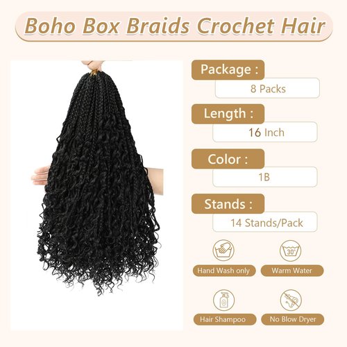 8 Packs Crochet Box Braids-16 Inch Boho Box Braids Crochet Braids Hair Bohomian Box Braid Crochet Hair Synthetic Braiding Hair Goddess Box Braids Crochet Hair for Black Women(1B)