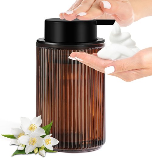 KASUNTING Foaming Soap Dispenser - Amber Glass Ribbed Pump Bottle | 11 Fl Oz Modern Bathroom Accessory