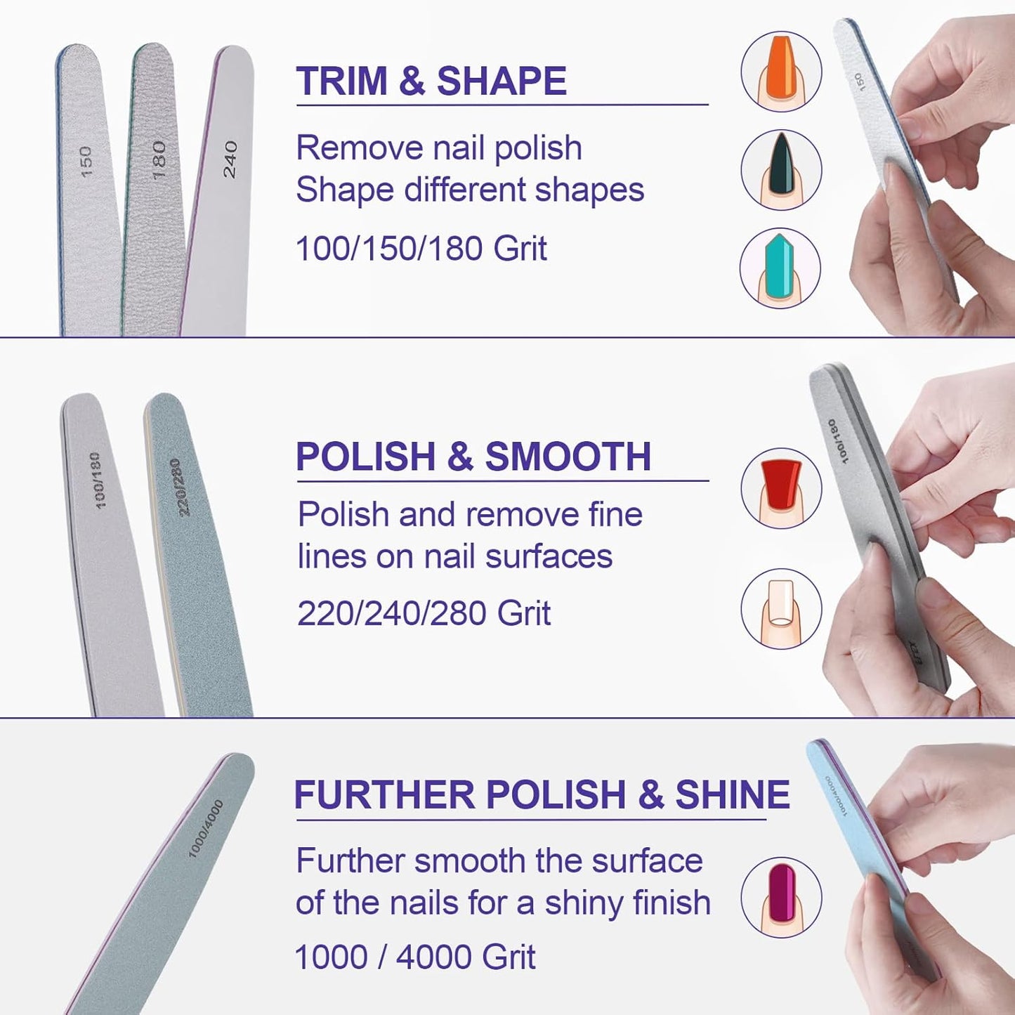 Skiennix Nail File and Buffer Set - 6 Pcs Professional Kit for Acrylic & Natural Nails | Various Grits