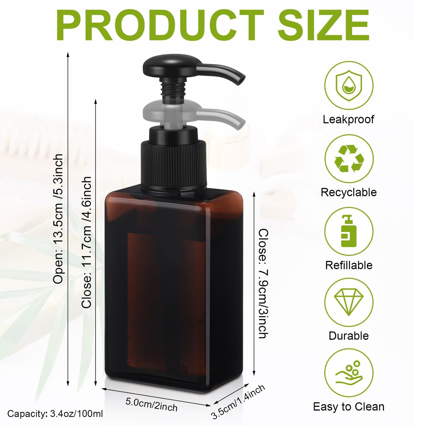 Domensi 12 Pcs 100ml /3.4 oz Pump Bottle Mini Travel Bottles Small Dispenser Containers Plastic Pump Lotion Dispenser Empty Square Travel Size Containers Toiletries (Green,Brown)