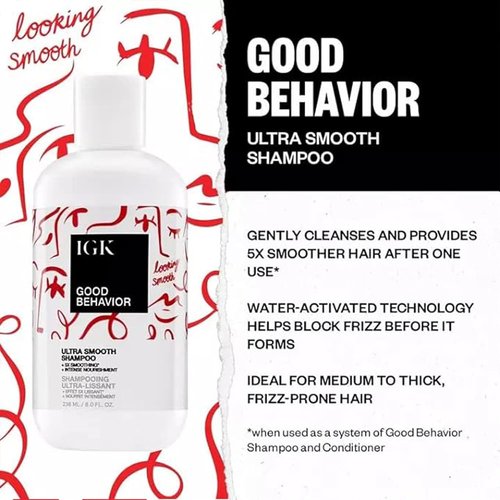 IGK GOOD BEHAVIOR Ultra Smooth Shampoo & Conditioner Set - Frizz Control & Shine | Vegan & Cruelty-Free | 8 oz (Pack of 2)