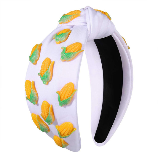 VOGUEKNOCK Fruit Headbands for Women Girls Corn Knotted Headband Summer Beach Headwear Hair Accessories (Corn-White)