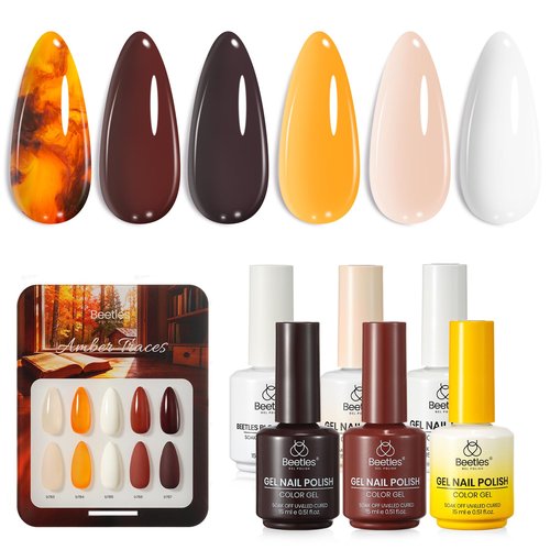 Beetles Blooming Gel Polish Set - Amber Traces 5 Colors Gel Polish Kit White Jelly Nude Brown Amber with 1 Bottle Blooming Gel 15ML Full Size Soak Off Uv Nail Art Gfit for Women