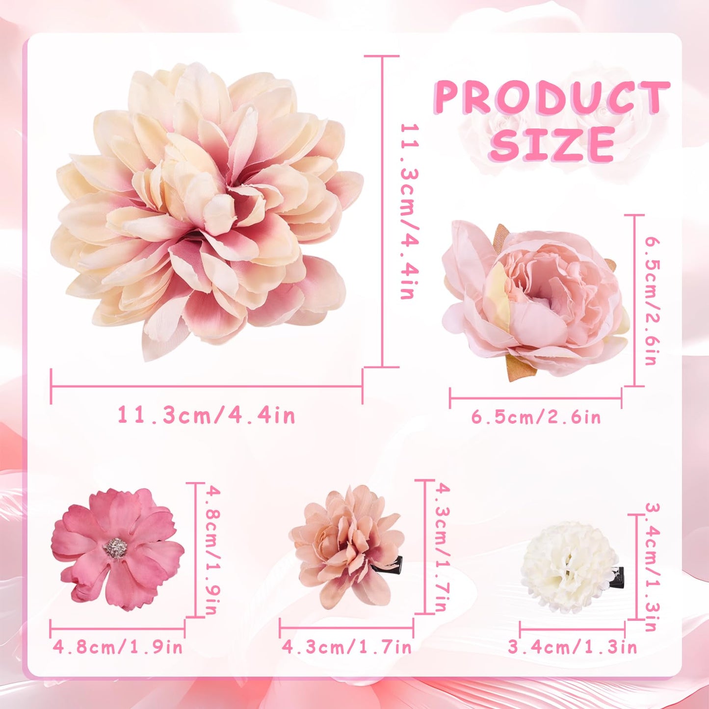 TUCEWP Hair Clip for Women, 5Pcs Pink Flowers for Hair - Tropical Flower Hairpin, Hibiscus Hair Clip, Large Rose Hair Barrettes, Chiffon Flower Hair Accessories for Beach Party, Bridal Wedding Decor