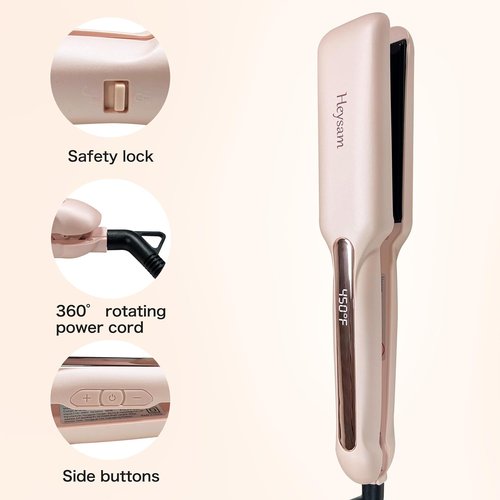Heysam 2-in-1 Flat Iron Hair Straightener & Curler - Portable Dual Voltage, 1.6-Inch, Fast Heating, Pink