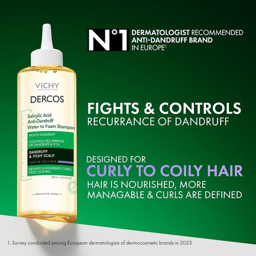 Dercos Salicylic Acid Anti-Dandruff Shampoo - 200 ml | Water to Foam Treatment for Itchy Scalp & Curly Hair