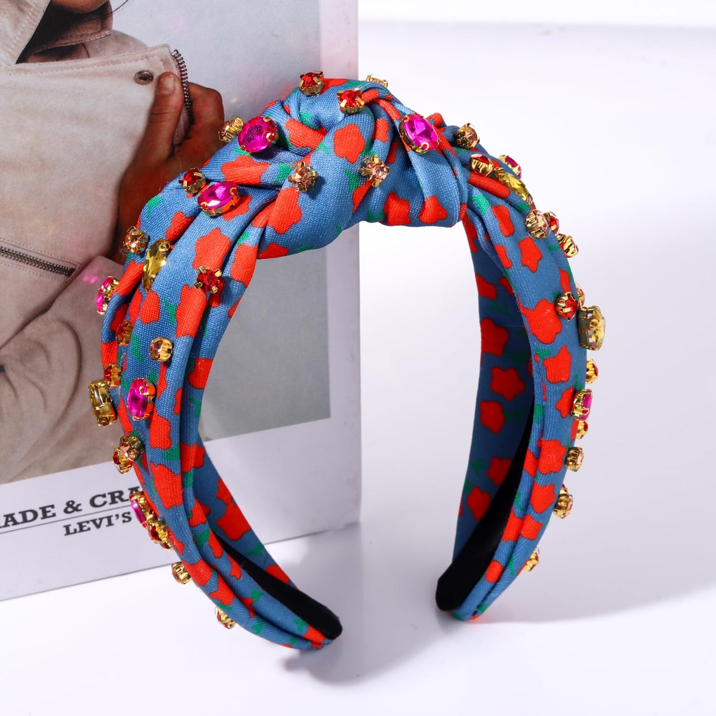 Crystal Knotted Headband for Women Sparkle Rhinestone Embellished Flower Printed Wide Top Knot Hairband Colorful Fashion Floral Twist Hair Hoop Summer Holiday Party Hair Accessories (Red Flower)