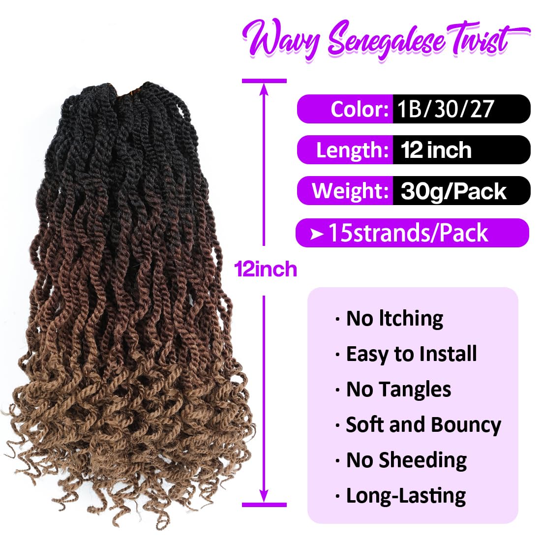 Fayasu Wavy Senegalese Twist Crochet Hair 12 Inch for Black Women Pre-twisted Kids Crochet Hair 8Packs Braids Ends Synthetic Hair Extension(12Inch Pack of 8),1B/30/27)