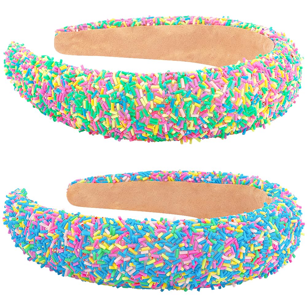 AHONEY 2 Pack Candy headband Thick Padded Headband for Women Girls, Cute Headbands Sprinkles Wide Head Band Non Slip Glitter Birthday Hair Accessories for Girls (Green&Blue)