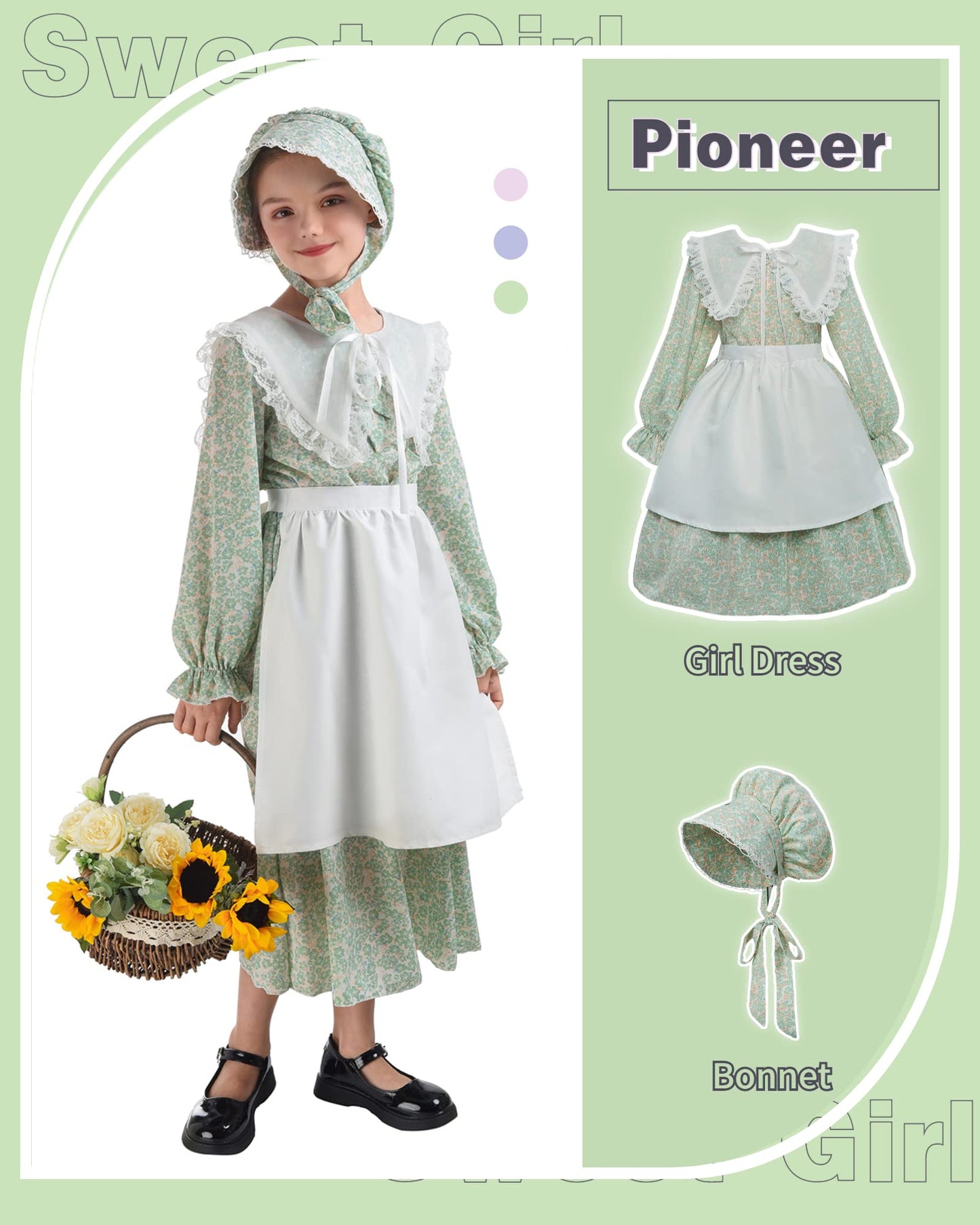 NSPSTT Colonial Costume Girls Prairie Dress Long Sleeve Pioneer Dresses for Girls Pioneer Bonnets Girl, Green, L age over 4 years old