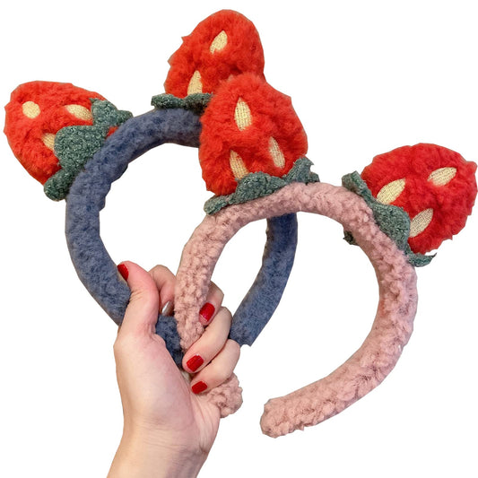 MeiLiZuRL 2 Pack Cat Headband Cute Plush Strawberry Cat Shaped Headband for Halloween Christmas Girls Women,Makeup Headband,Shower Hair Bands (Strawberry)