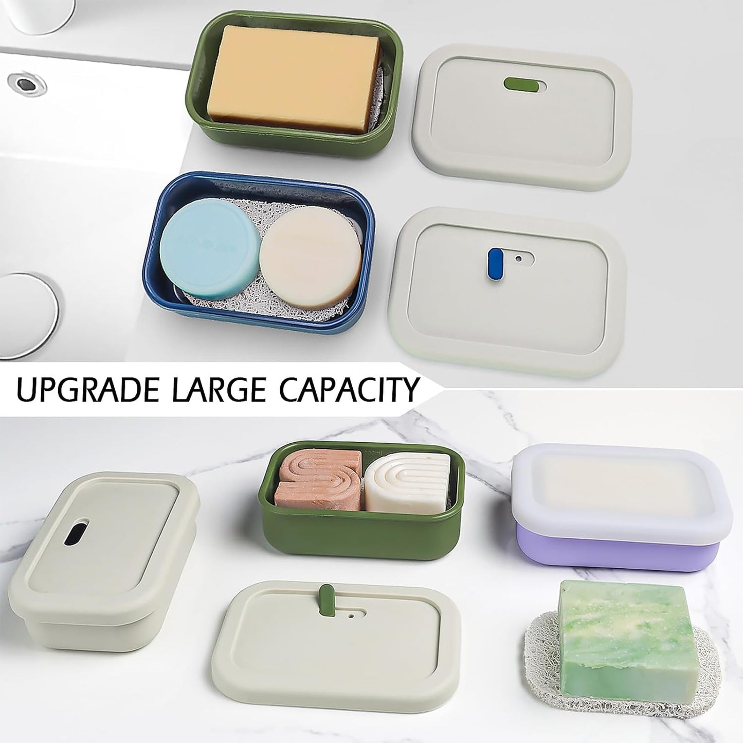 Skiennix Travel Soap Case - Silicone Leak Proof Design | Large Vented Shampoo Bar Holder in Offwhite & Green
