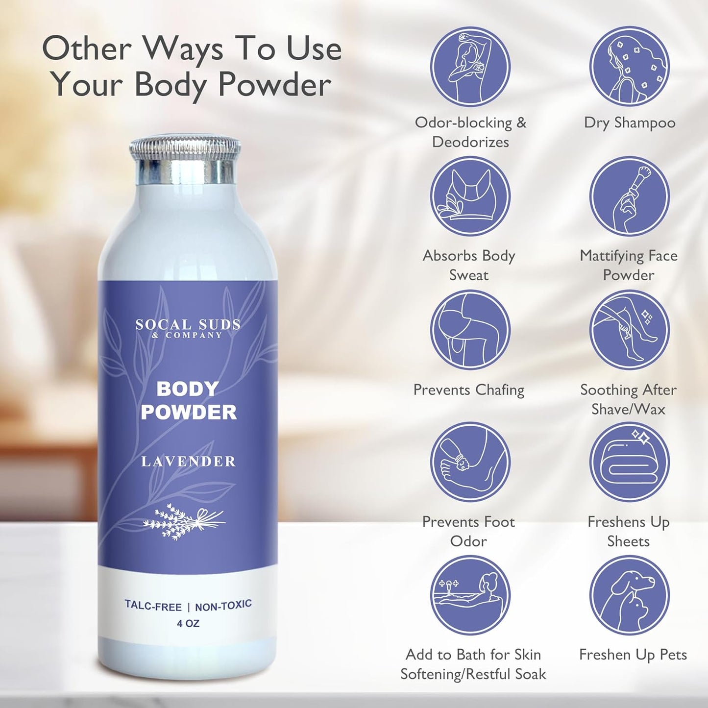 SoCal Suds & Company Natural Body Powder - Talc-Free Lavender Formula with Arrowroot & Aspen Bark - 4oz
