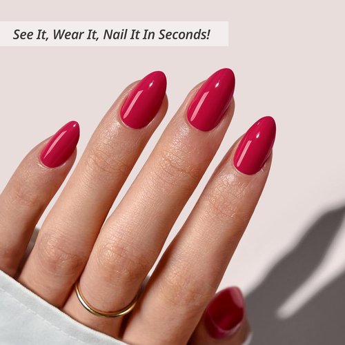BTArtbox Press On Nails - Raspberry Red Almond Shape | 32 Opaque Soft Gel Nails in 16 Sizes