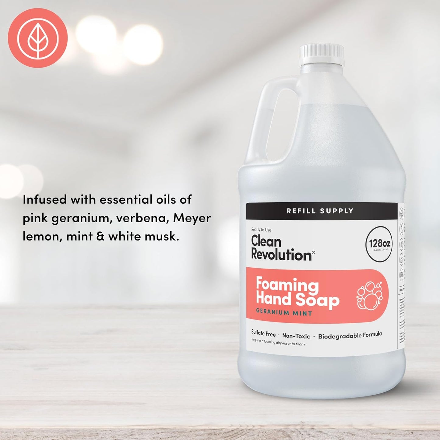 Clean Revolution Foaming Hand Soap - Gentle & Moisturizing Formula with Real Essential Oils | Geranium Mint, 128 Fl Oz