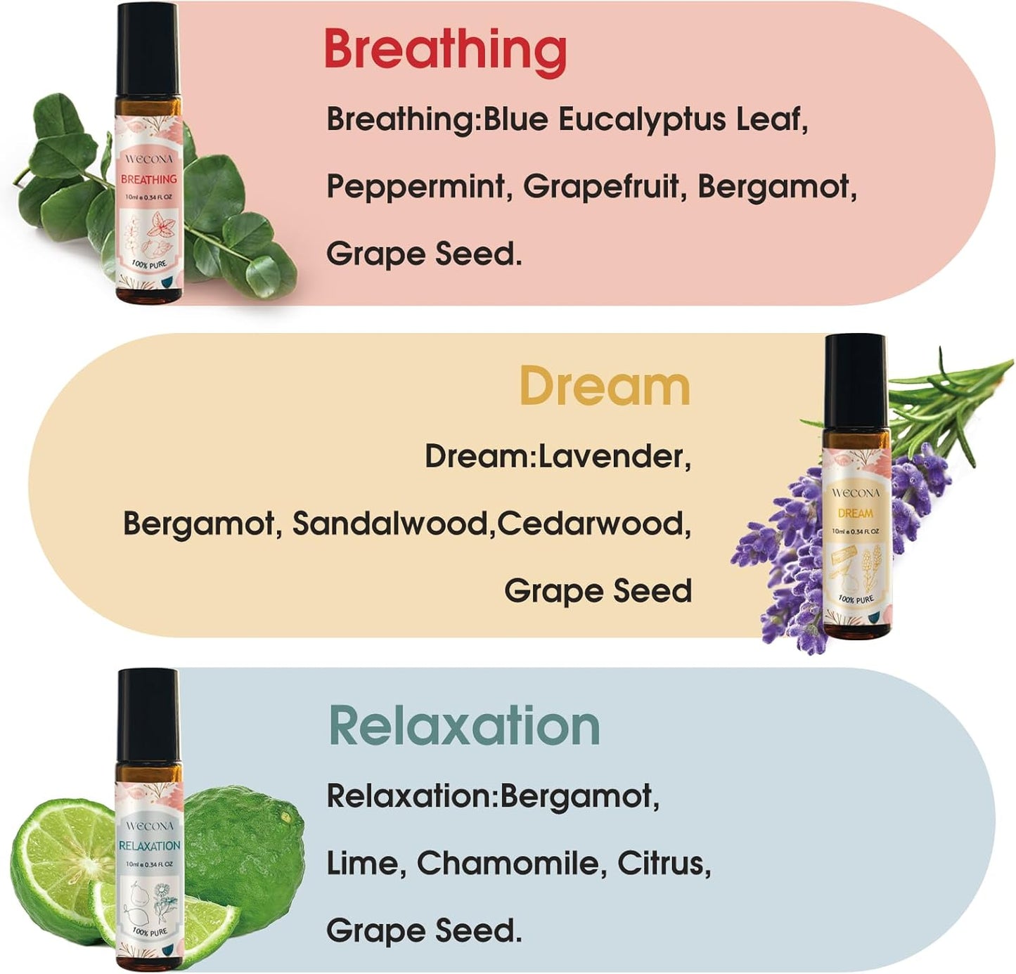 Wecona Aromatherapy Essential Oil Roll-On Set - 6x10ml Blends in Roller Bottles | Portable Relaxation Gift for Home