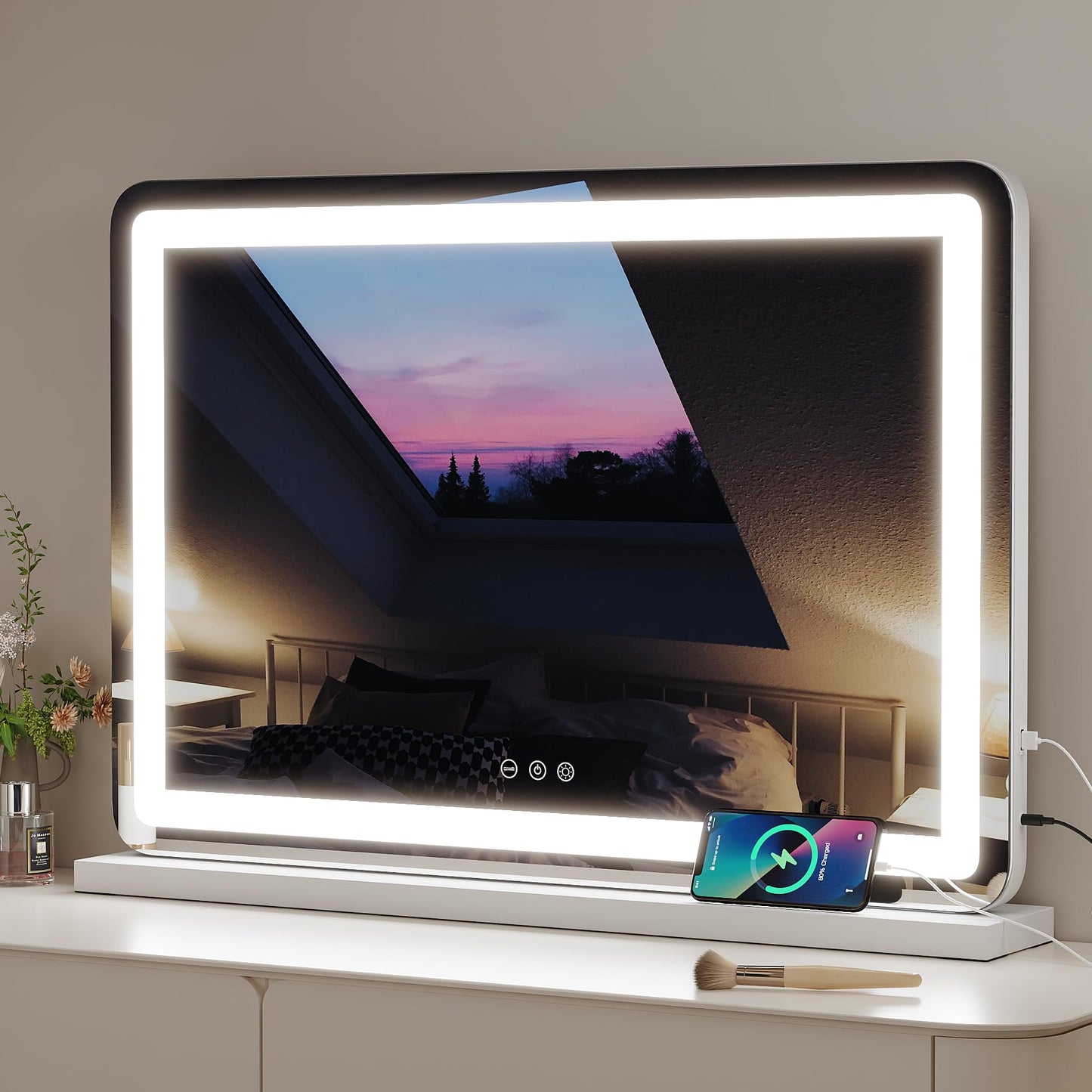 ZL ZELing Vanity Mirror with Lights, 32" x 23", LED Makeup Mirror, Dimmable 3-Color Lighting, 5X Magnification, Touch Screen Control, Wall-Mountable and Tabletop Design