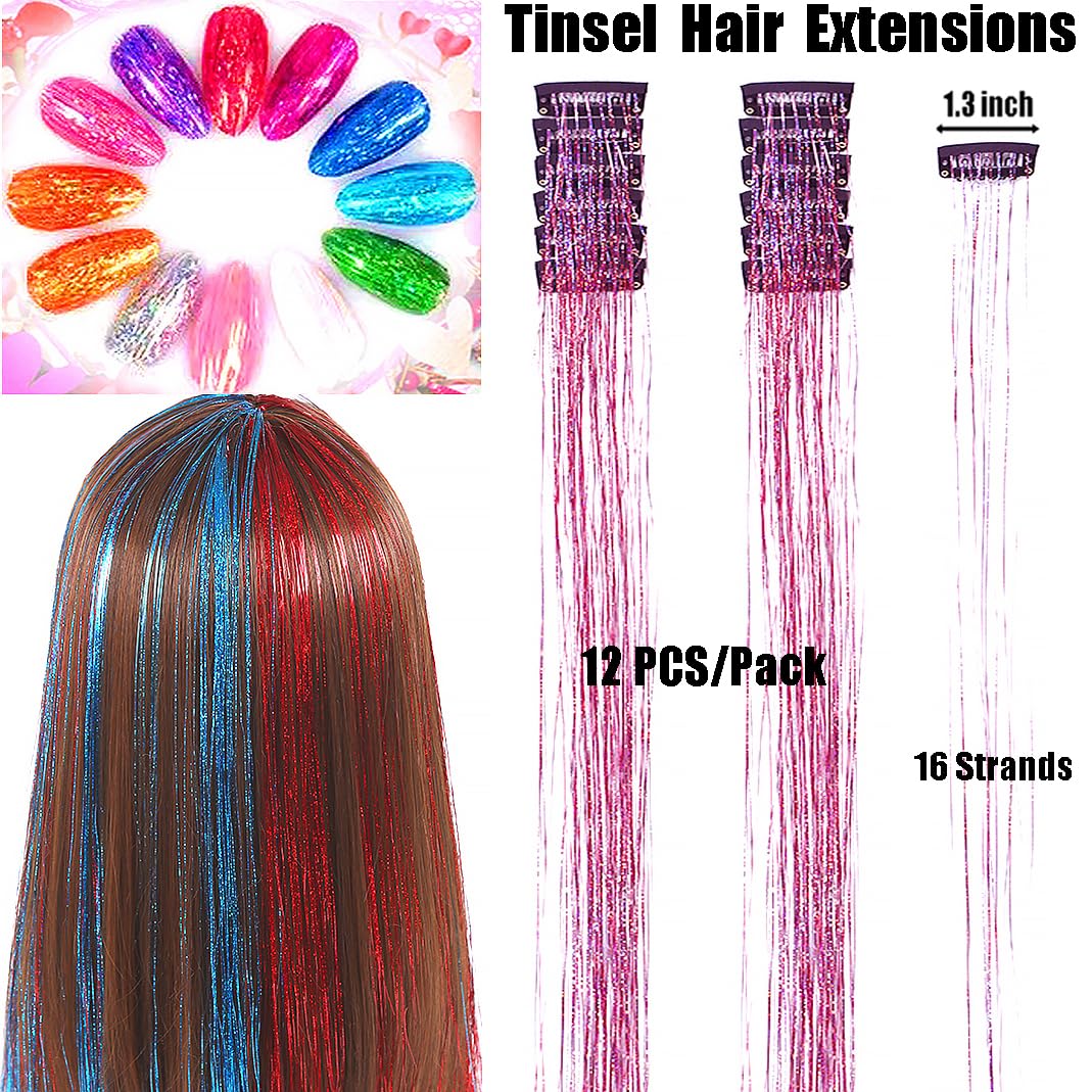 Clip in Hair Tinsel Kit 20Inch Glitter Tinsel Hair Extension 12Pcs Rainbow Fairy Hair Tinsel Kit for Christmas New Year Halloween Party Sparkly Hair Accessories for Women Girls (Pink)