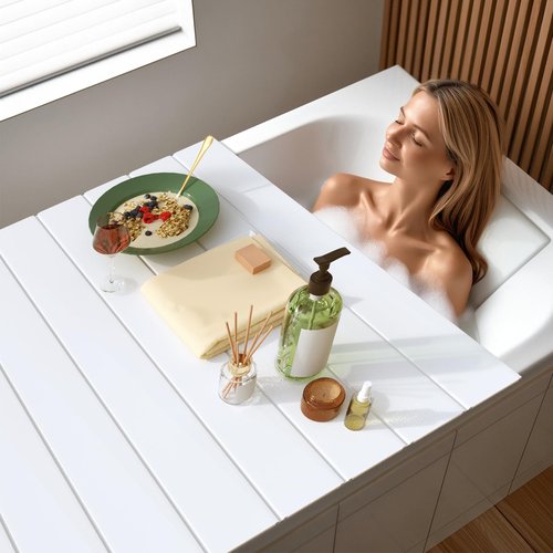 Bathtub Tray, Foldable Anti-dust Bathtub Cover Bath Insulation Cover, PVC Shutter Bath Lid Fit Most Tubs, Can Store Wine Glass, Books, Tablets, Cellphones