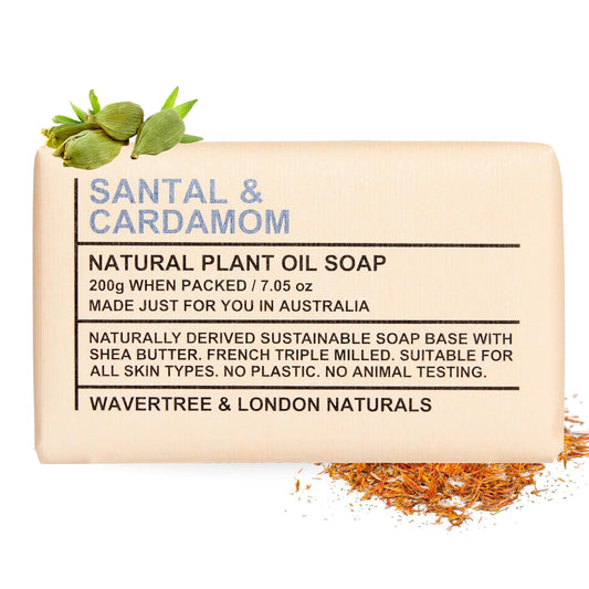 Wavertree & London Santal & Cardamom Scented Soap Bar - 100% Natural, Moisturizing 7oz French Triple Milled Soap with Organic Shea Butter
