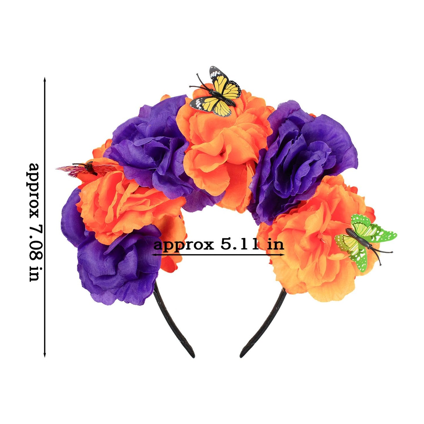 Mexican Flower Crown Headband with Butterfly, Day of the Dead Headpiece, Halloween Easter Festival Headwear, Dia De Los Muertos Hairhoop