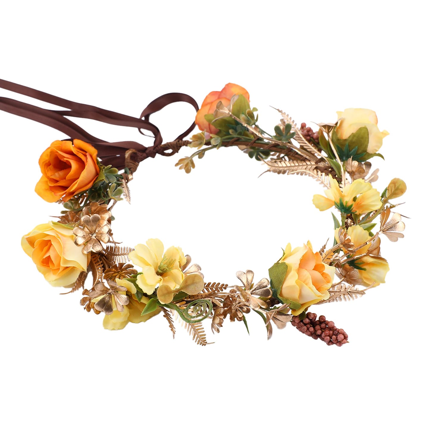 KorViSHOW Fairy Rose Flower Crown - Golden Leaves Autumn Yellow Flower Headband Fashion Boho Bridal Floral Headpiece Women Girls Vacation Party Festival Photo Prop