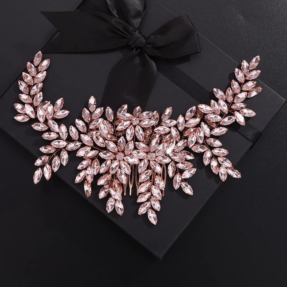 Teyglen Women Dainty Large Full Pink Rhinestones Flower Bride Wedding Hair Comb Headband Luxurious Hair Accessories Shiny Rhinestones Crystals Bridal Side Hair Combs for Women Bride Girls (Rose Gold-Pink Rhinestones)