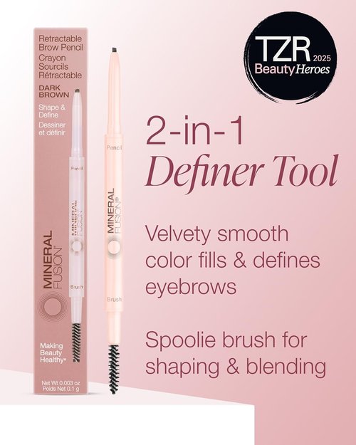 Mineral Fusion Retractable Brow Pencil - Dark Brown | Award-Winning Eyebrow Shaping & Defining Tool with Blending Spoolie - Long-Lasting, Vegan Formula