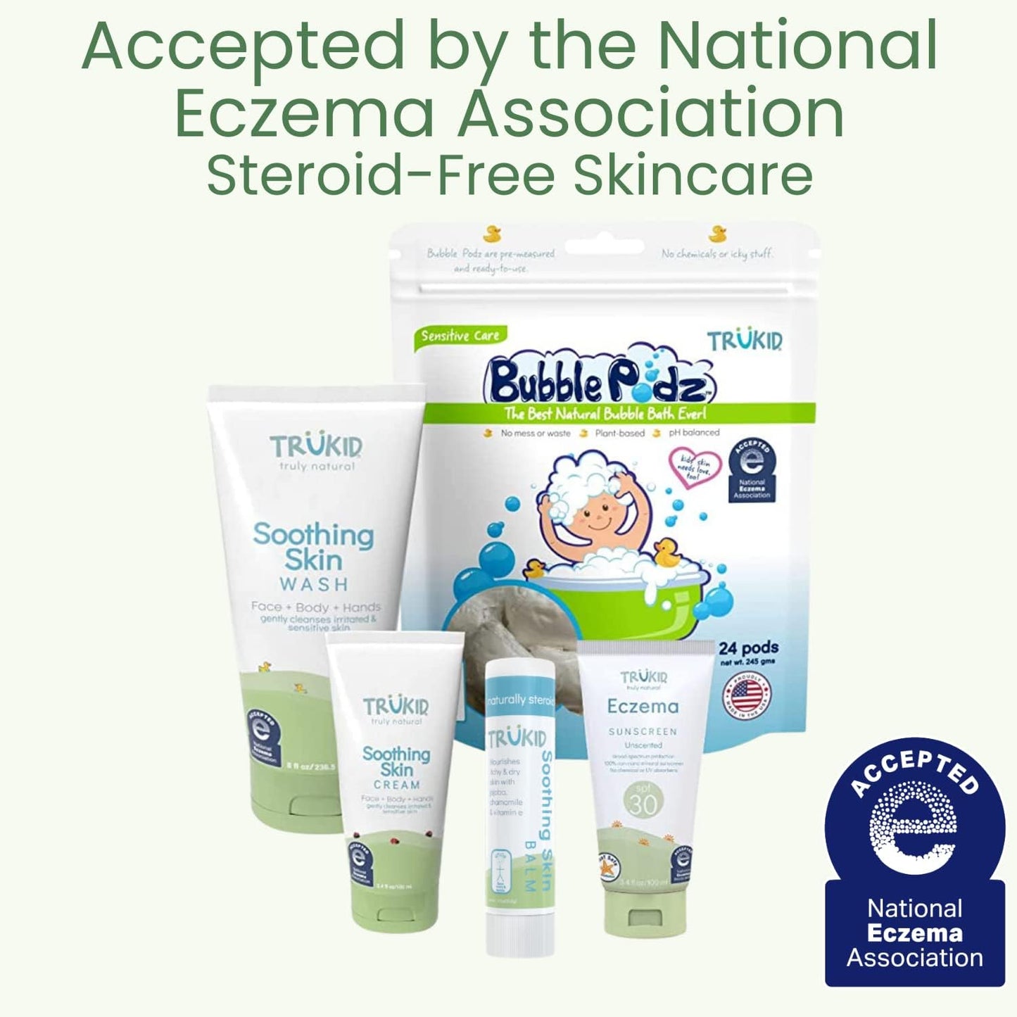 TruKid Eczema Relief Bundle - NEA-Approved Bubble Bath, Skin Cream & Body Wash | All-Natural, Unscented, Hydrating & Moisturizing for Sensitive Skin | 3-Piece Set
