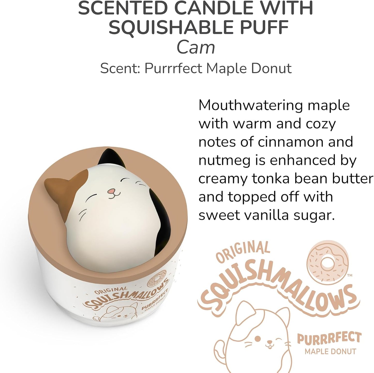Studio Oh! x Squishmallows Scented Candle, Cam Purrrfect Maple Donut Maple, Cinnamon, Nutmeg & Vanilla, 12 oz, 38 Hour Burn, Reusable Jar, Scented Candles for Home, Relaxing Calming Candle