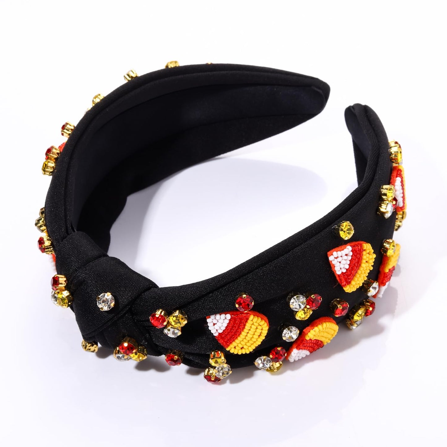 Halloween Headband Accessories for Women Crystal Pearl Knotted Headband Embellished Beaded Pumpkin Candy Corn Boo Headbands Rhinestone Jeweled Top Knot Headband Costume Party Favors (Candy Corn 2)