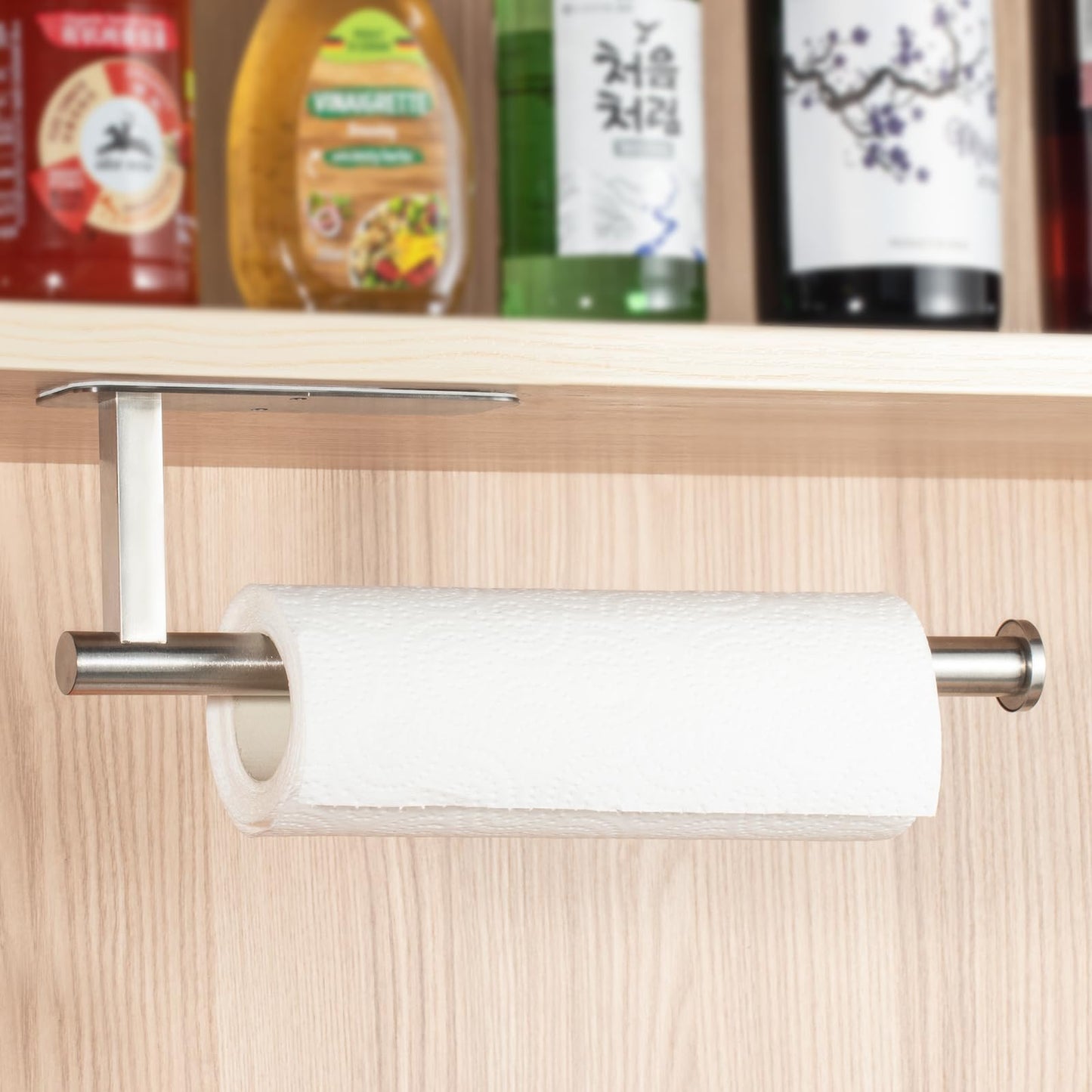 ASTOFLI Paper Towel Holder Under Cabinet No Drilling, Self Adhesive Paper Towel Holder Wall Mount for Kitchen Rack, Under Counter Napin Holder No Drill, 304 Stainless Steel Matte Black