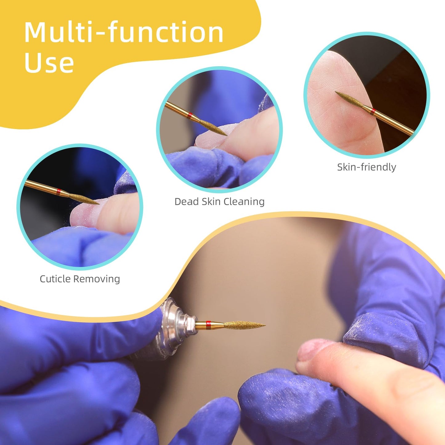 HYTOOS 2mm Long Flame Cuticle Clean Nail Drill Bits, 5Pcs/Set Titanium Russian Diamond Nail Bit Professional Safety Under Nail Cleaner Burr for Cuticle Dead Skin, Electric Drill Accessories, Fine