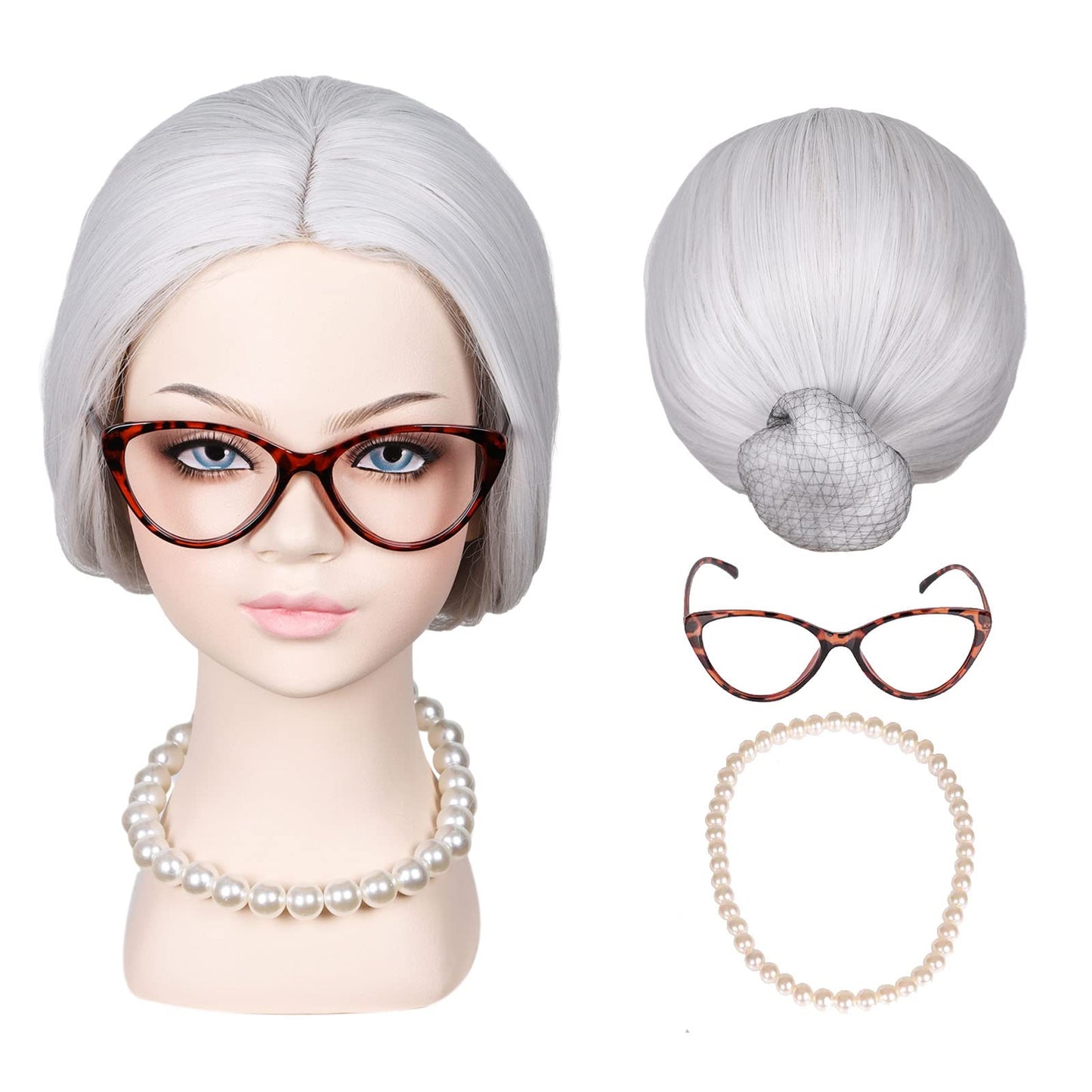 White Old Lady Costume Wig with Bun with Granny Glasses and Pearl Necklace for Halloween Party for Girl Kid