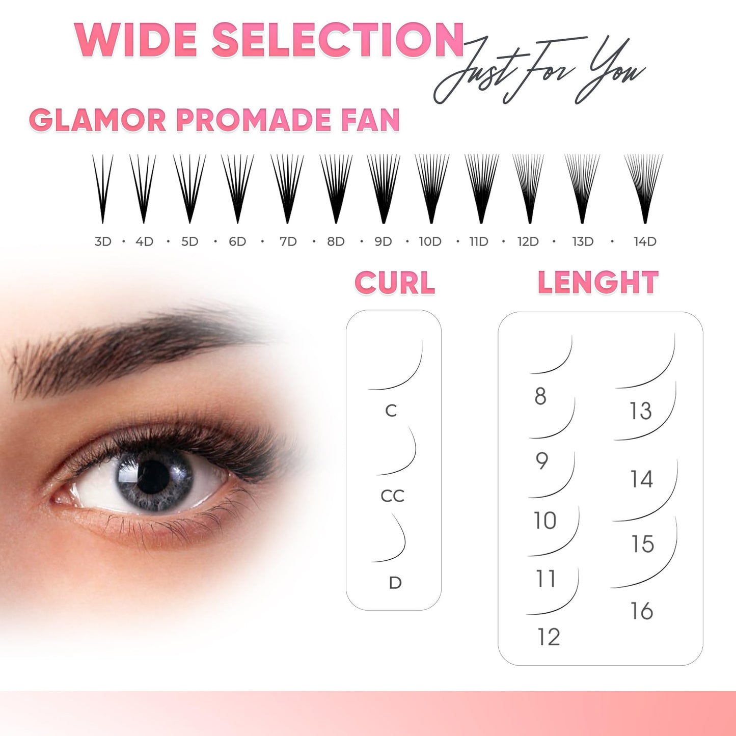 GLAMOREYELASH 500 Promade Volume Fans Loose Eyelash Extension, Handmade Individual Lashes Loose Fan 3D-16D, 0.03/0.05/0.07mm Thickness, C CC D Curl for Mink Lashes, 8-16mm Length (6D-0.07-CC, 14mm)