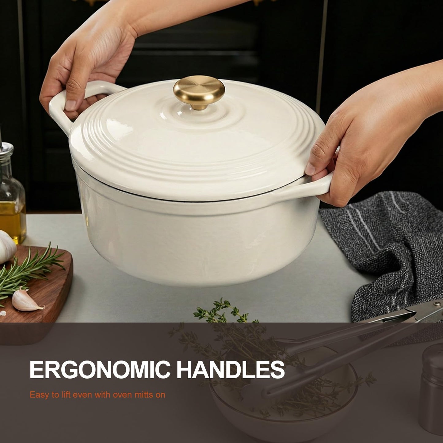 Overmont Enameled Cast Iron Dutch Oven - 4.5QT Pot with Lid Cookbook & Cotton Potholders - Heavy-Duty Cookware for Braising, Stews, Roasting, Bread Baking bottle green