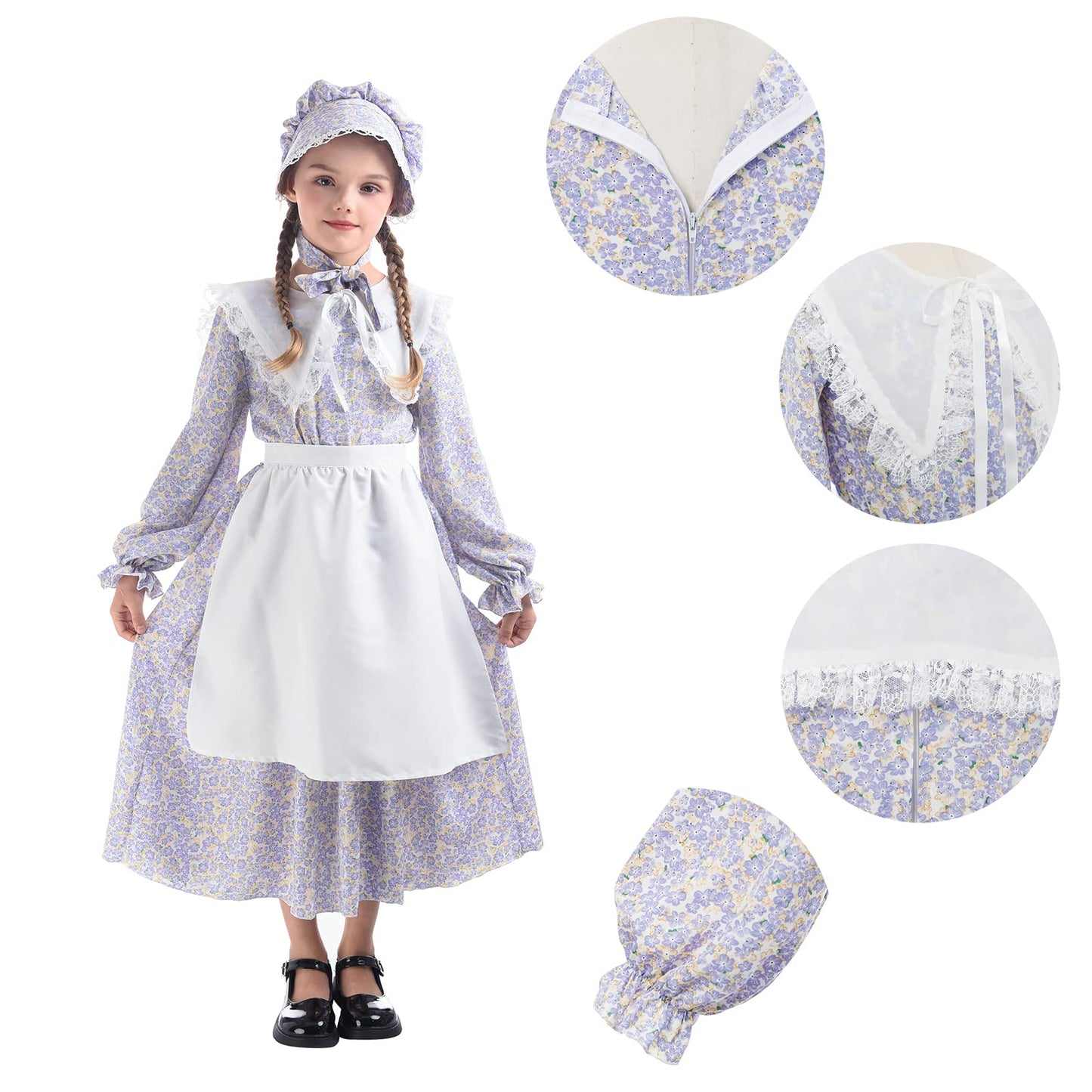 LTAKK Prairie Dresses Girls Pioneer Colonial Costume Girl Pilgrim Dress with Shawl, Apron and Bonnet, Blueviolet, Large